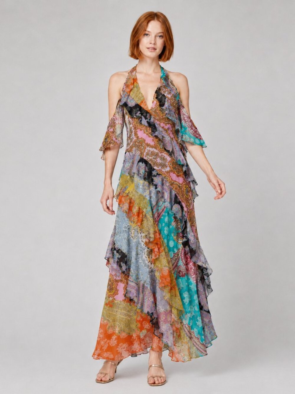 NWT Zara Multicolor Patchwork Ruffle Bohemian Maxi Dress Chiffon Flowy X-Small